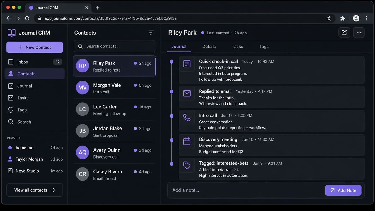 Contact journal timeline with notes, calls, and follow-ups